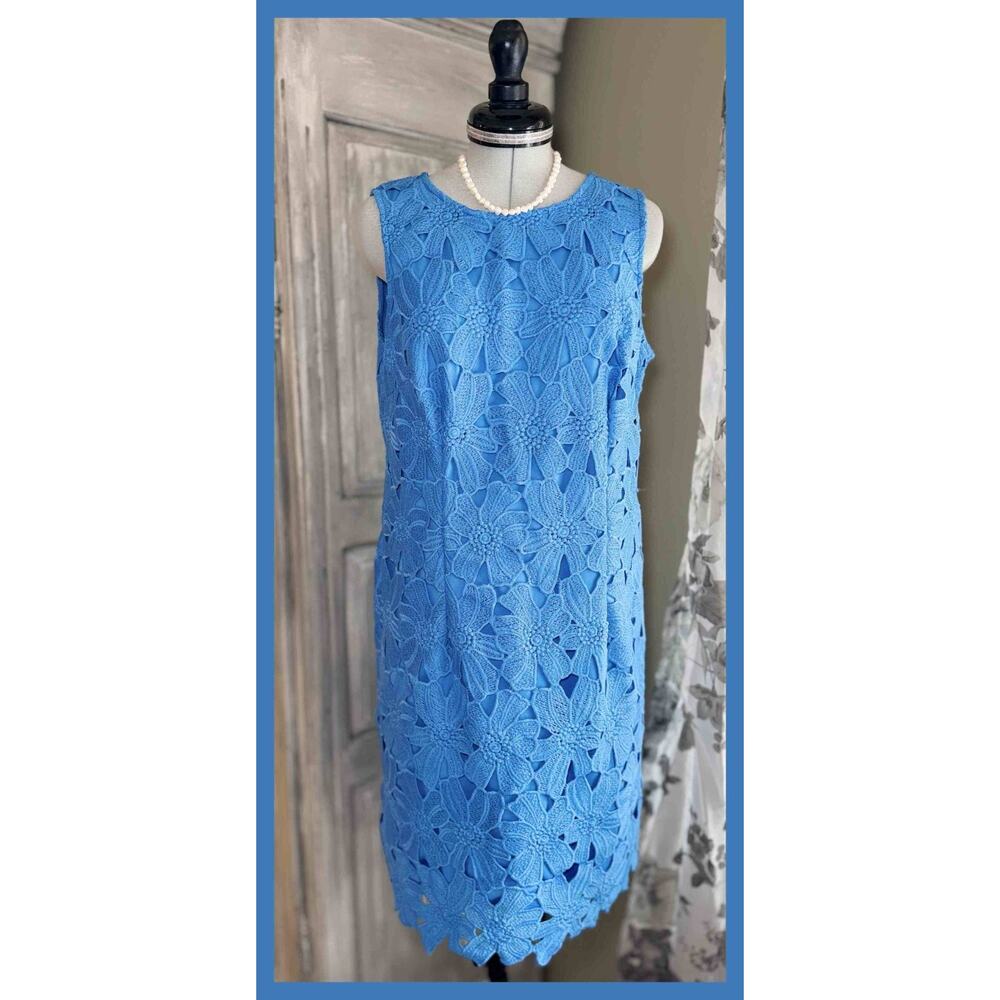 Ann Taylor Petite 10P Blue Daisy Floral Lace Sheath Dress Tank Sleeveless - Picture 2 of 15